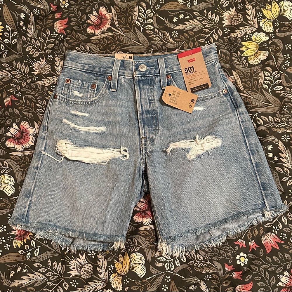 Levi's 501 Mid Thigh High Rise Jean Shorts Deconstructed Medium Indigo 24 - Picture 3 of 7